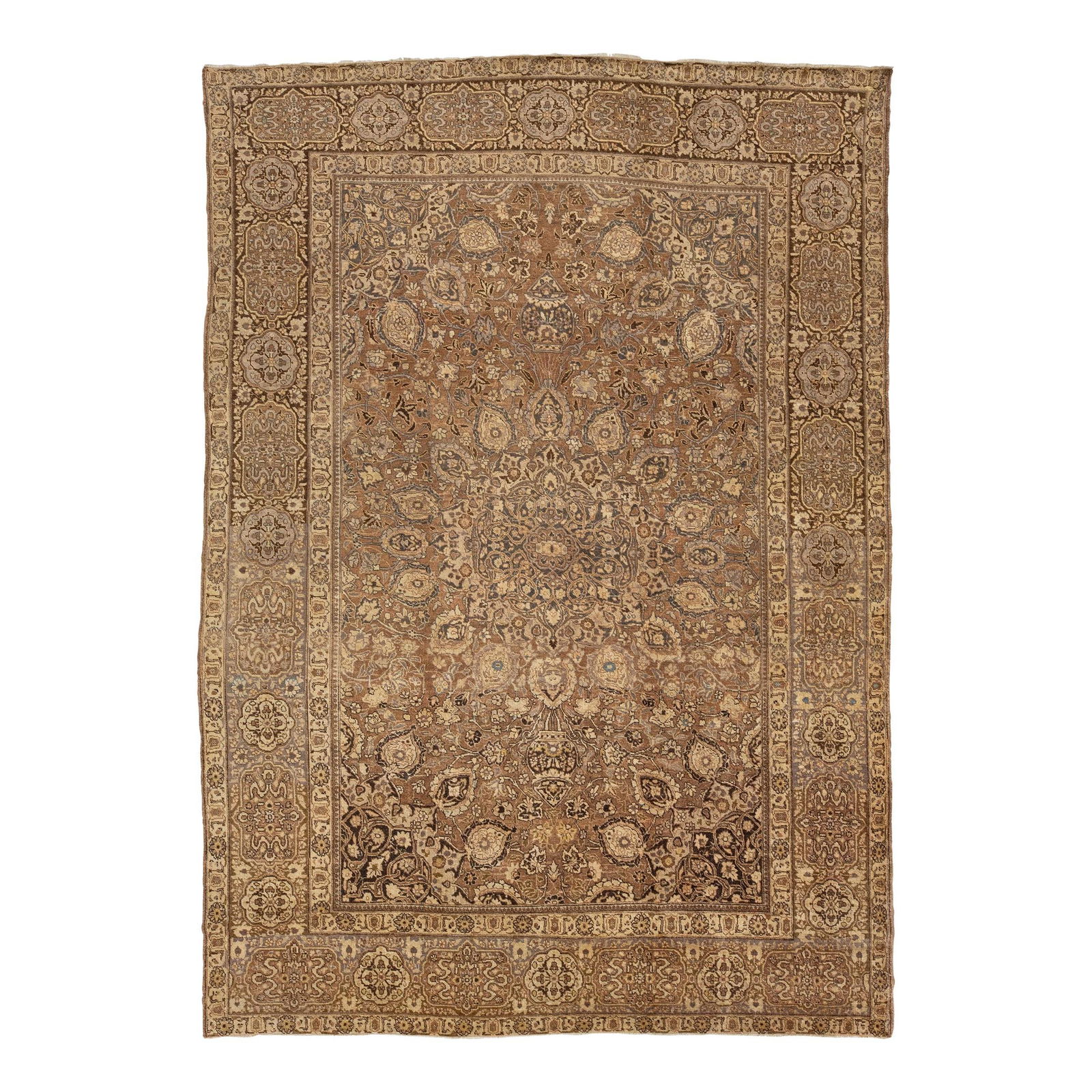 Antique Tabriz Wool Rug 9'9 x 13'7 Brown Floral Design: Antique Tabriz Wool Rug 9'9 x 13'7 Brown Floral Design Enhance your space with this exquisite antique Tabriz wool rug, showcasing a rich brown field adorned with delicate beige and gray floral accents