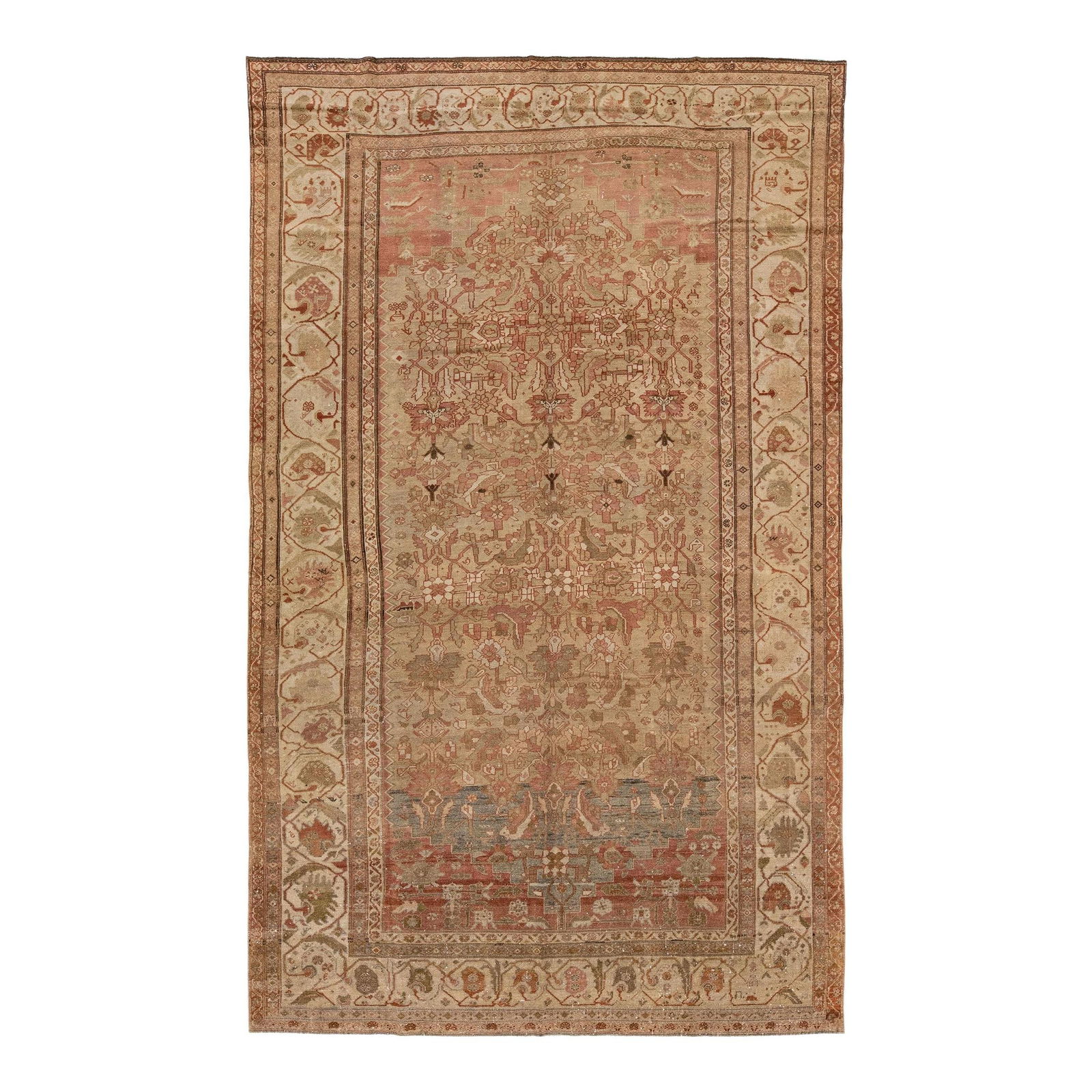 Handmade Antique Malayer Wool Rug 7'4 x 12'8 Floral Design Tan: Handmade Antique Malayer Wool Rug 7'4 x 12'8 Floral Design Tan Discover the elegance of this beautiful antique Malayer hand-knotted wool rug, showcasing a stunning tan color field. The rug features ex