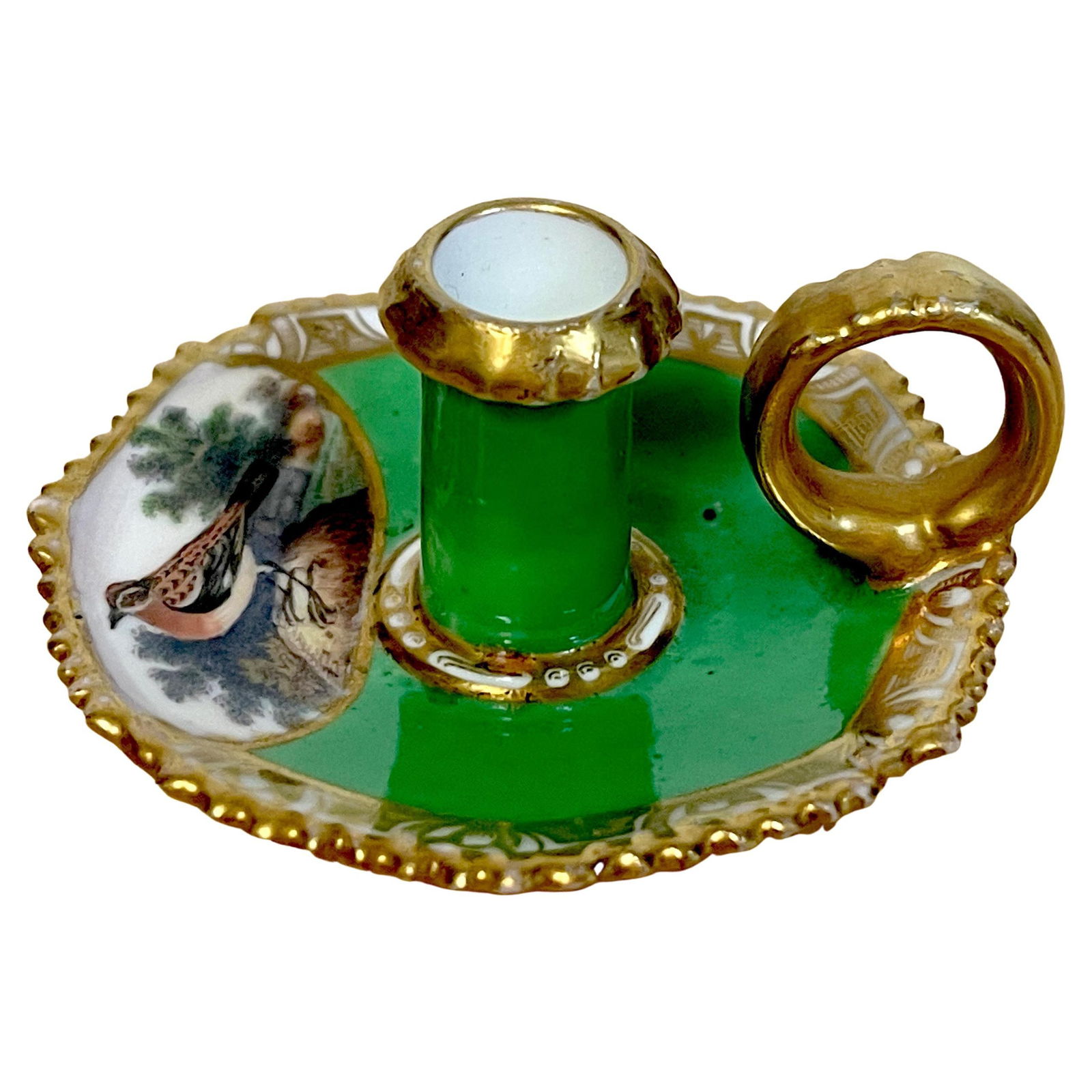 Georgian Spode Ornithological Miniature Chamberstick 1820s England: Georgian Spode Ornithological Miniature Chamberstick 1820s England This exquisite Antique Spode Ornithological Miniature Chamberstick is a stunning piece from the early 19th century, crafted in the 18