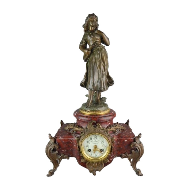 Antique French Victorian Bronze Clock with Porcelain Dial by Comptoir General M H Rionet (1 of 9)