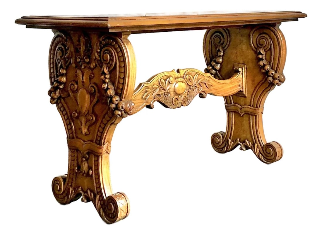 Hand Carved Burl Wood Console Table With Baroque Revival Motifs Vintage (1 of 10)