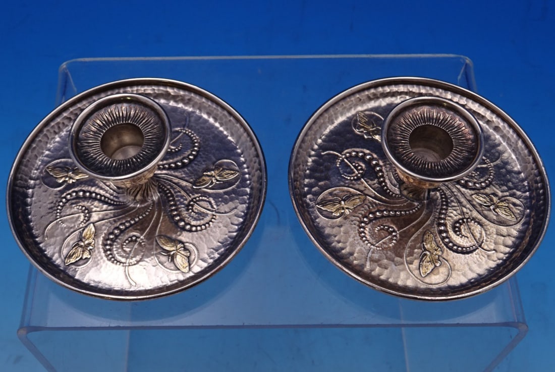 Tiffany & Co Sterling Silver Candlestick Pair with Gold Butterflies (1 of 8)