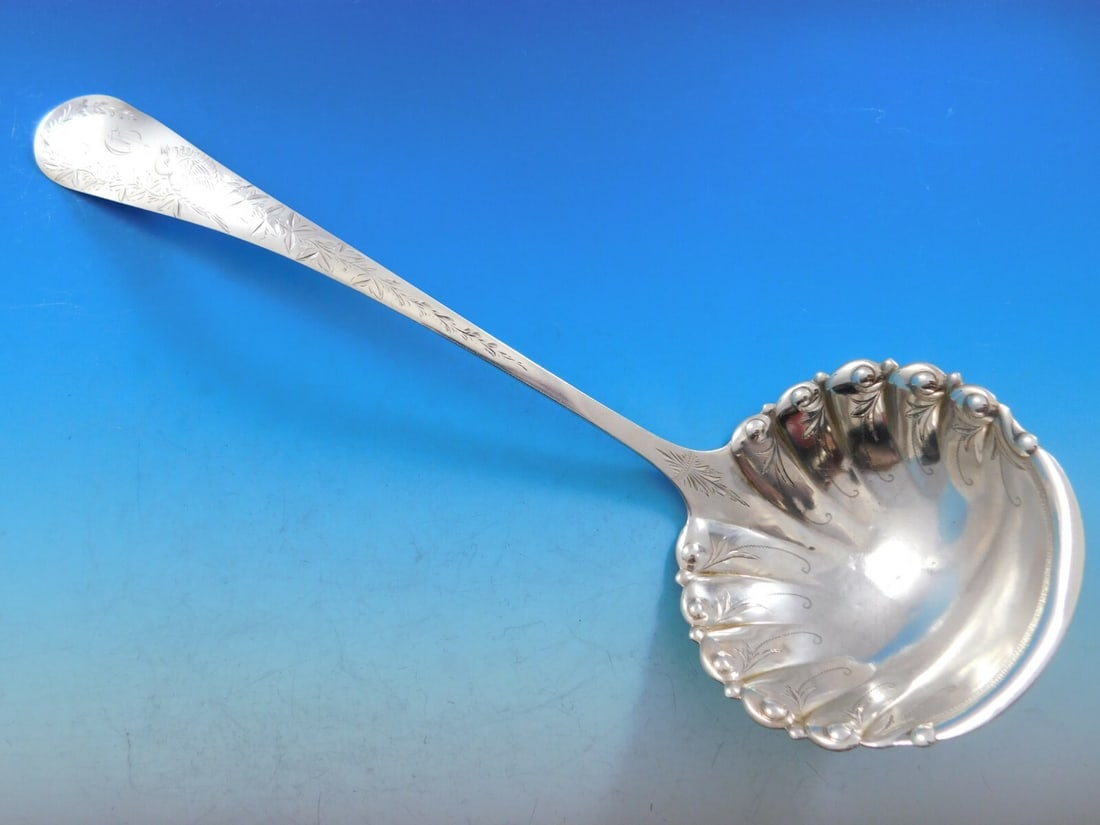 Gorham Nightingale Sterling Silver Soup Ladle 12.5 Inch Brite-Cut Design: Gorham Nightingale Sterling Silver Soup Ladle 12.5 Inch Brite-Cut Design This exquisite soup ladle is crafted from sterling silver and features the elegant Nightingale pattern by Gorham. With its scal