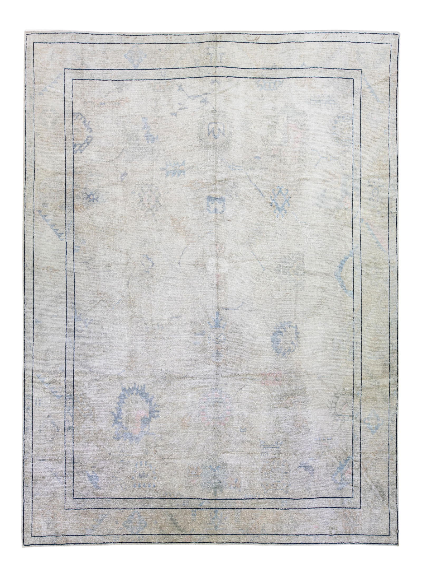 Oversized Gray Turkish Oushak Wool Rug with Floral Design 12'4 x 16'9: Oversized Gray Turkish Oushak Wool Rug with Floral Design 12'4 x 16'9 Enhance your space with this stunning modern Oushak hand-knotted wool rug featuring a soft gray field. Accentuated with beautiful