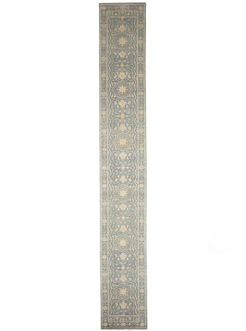 2'6 x 17'8 Wool Runner Hand-Knotted Floral Transitional Carpet from India: 2'6 x 17'8 Wool Runner Hand-Knotted Floral Transitional Carpet from India This hand-knotted Oriental runner rug features a transitional floral pattern in muted shades of gray, cream, beige, and taupe.