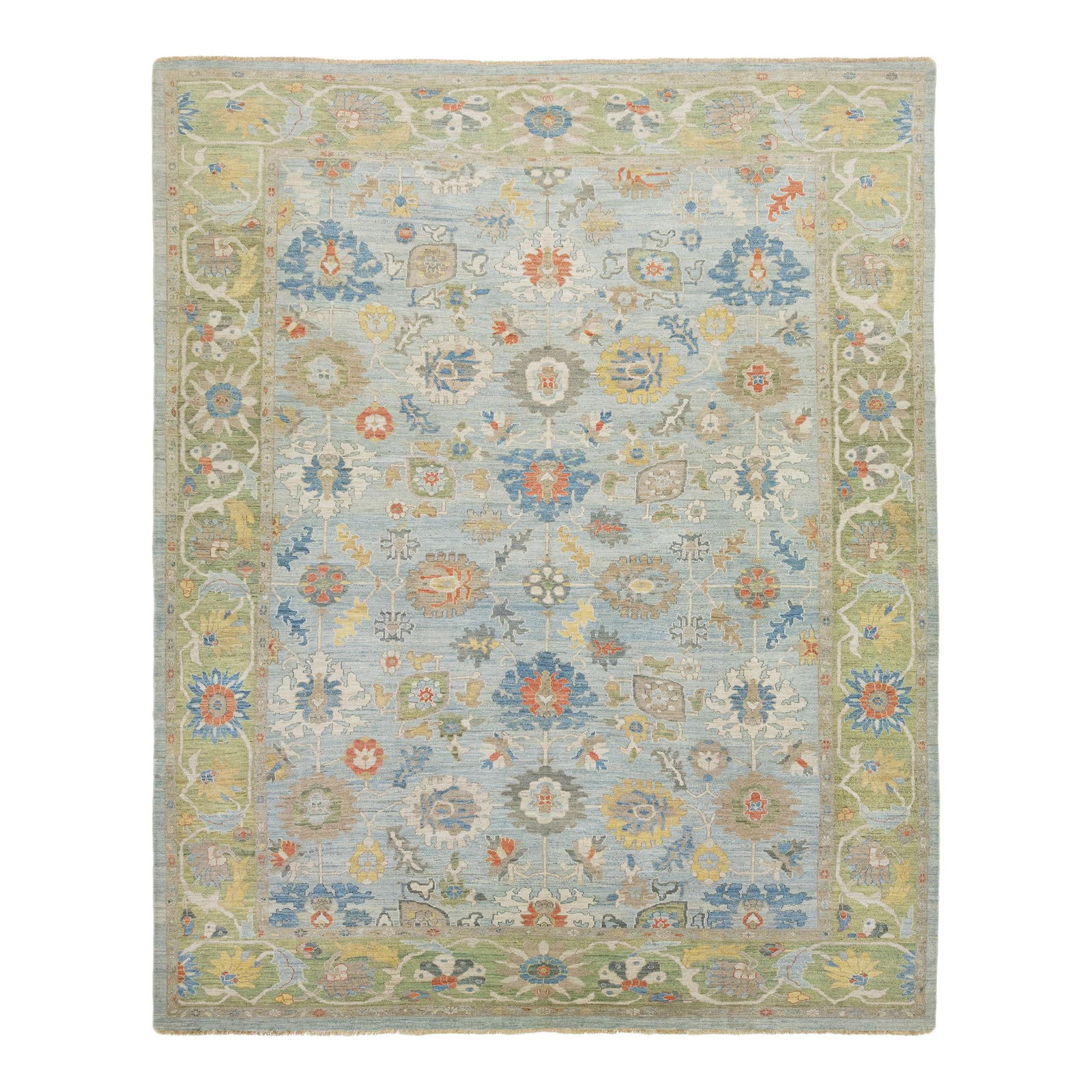 Sultanabad Handmade Wool Rug Blue Green 12'7 x 15'6 Modern Design: Sultanabad Handmade Wool Rug Blue Green 12'7 x 15'6 Modern Design Enhance your space with this exquisite handmade wool rug, featuring a serene light blue background complemented by a vibrant green bor