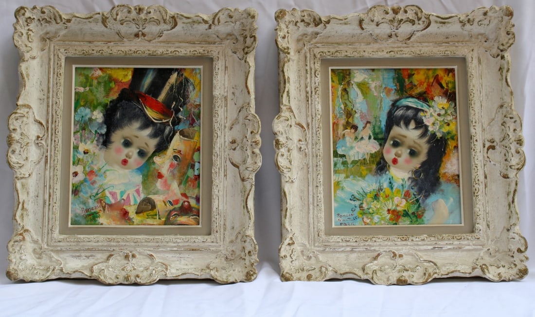 Poncini French Oil on Canvas Pair of Child Paintings Framed (1 of 9)