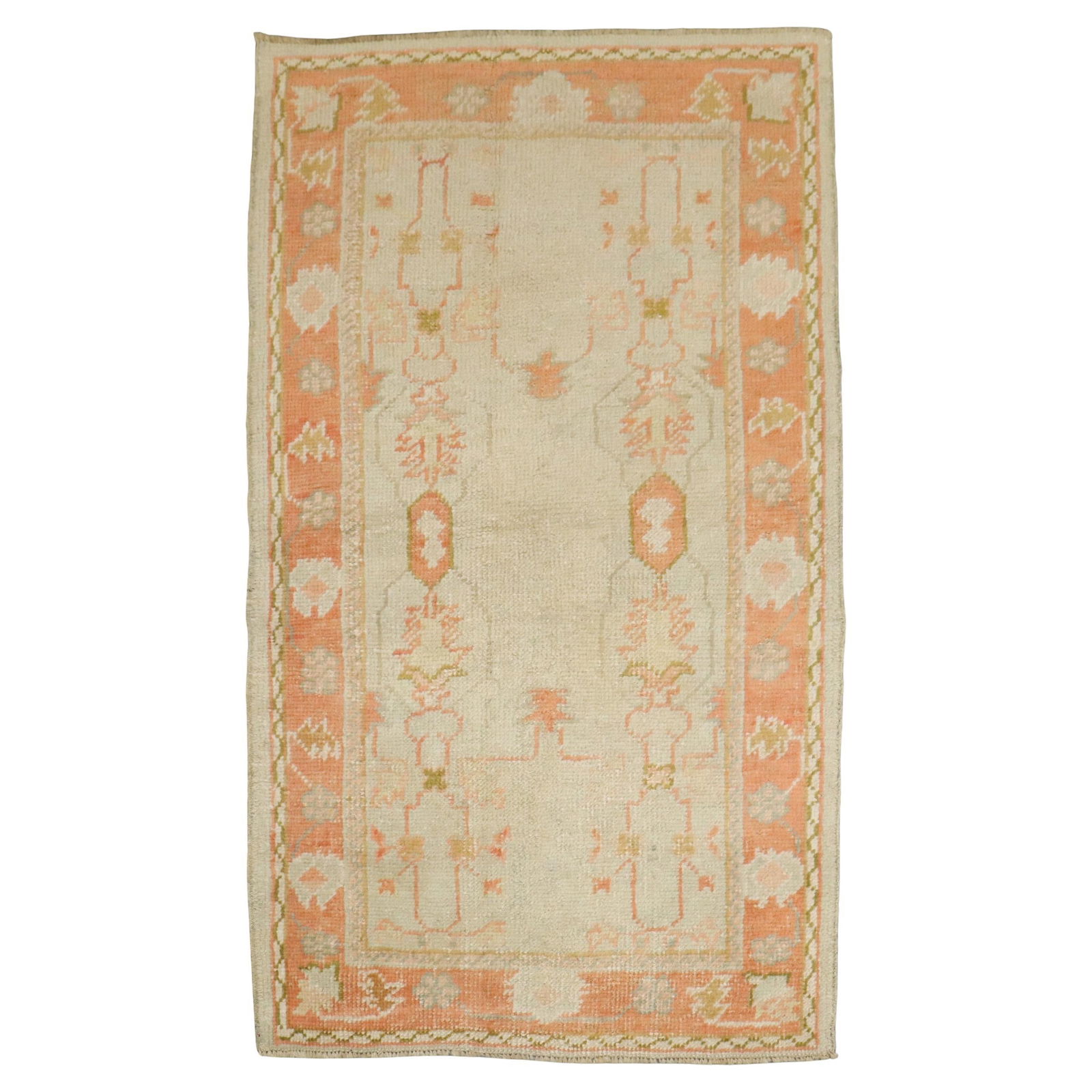 Zabihi Collection Antique Turkish Oushak Rug 36 x 61 Wool Hand-Woven: Zabihi Collection Antique Turkish Oushak Rug 36 x 61 Wool Hand-Woven Discover this beautiful early 20th Century Antique Turkish Oushak Rug, showcasing a stunning blend of ivory and orange hues. Hand-w