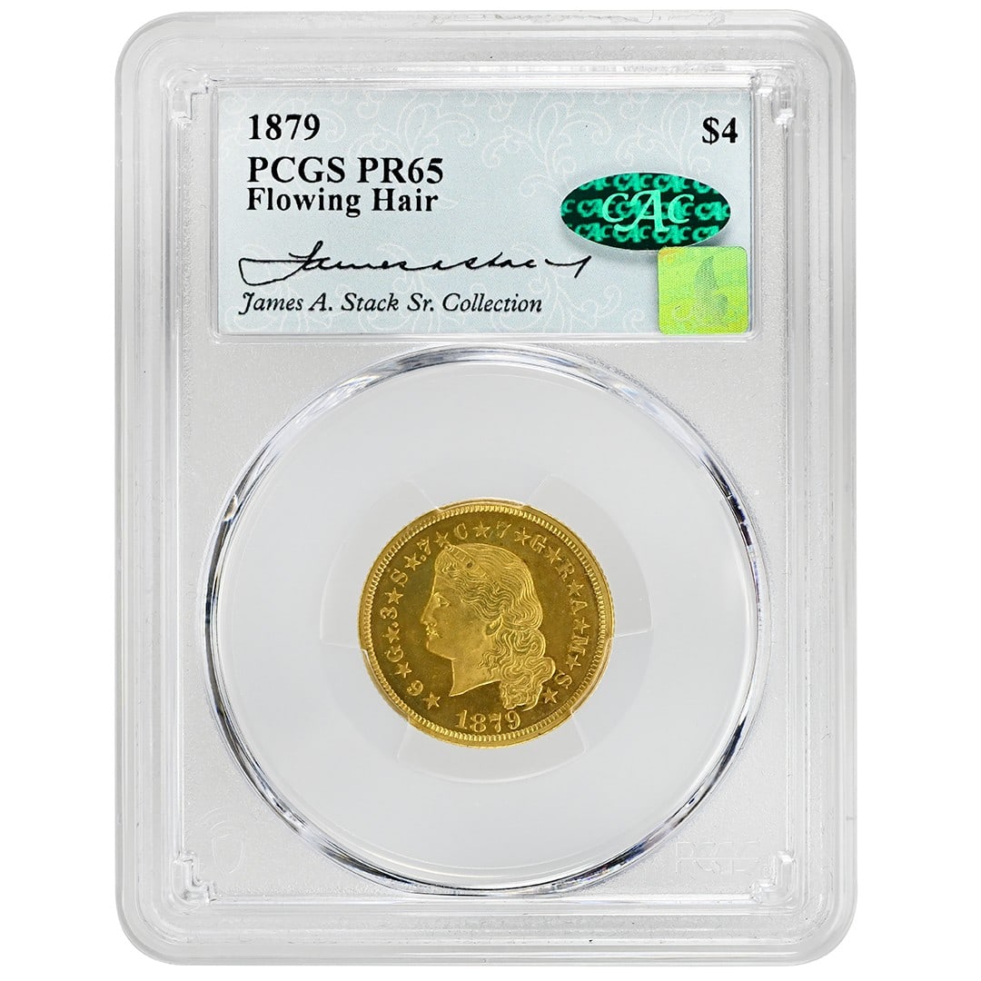 1879 Four Dollar Gold Stella Proof PCGS PR65 CAC Certified: 1879 Four Dollar Gold Stella Proof PCGS PR65 CAC Certified This is an 1879 $4 Flowing Hair Stella gold coin, graded PR65 by PCGS and CAC certified. The coin is uncirculated, with a proof strike and or