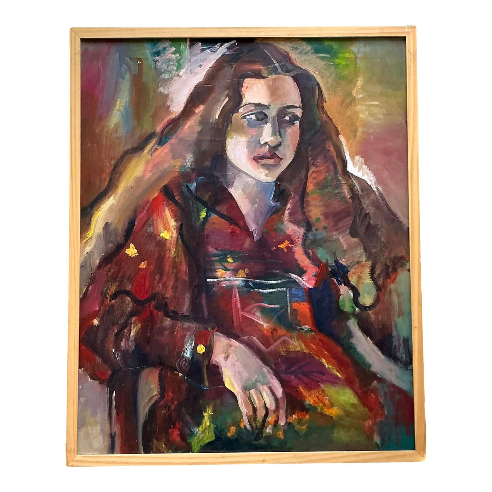 Vintage Boho Oil Canvas Portrait Woman Framed 31.25x26.5: Vintage Boho Oil Canvas Portrait Woman Framed 31.25x26.5 This exquisite vintage oil portrait on canvas beautifully portrays a soulful woman, showcasing vibrant brushstrokes and earthy tones that embod