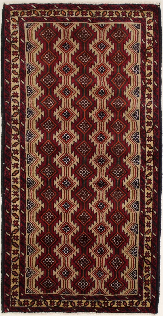 Wool Tribal Geometric Hand-Knotted Vintage Area Rug 3'5 x 6'10: Wool Tribal Geometric Hand-Knotted Vintage Area Rug 3'5 x 6'10 This handmade vintage oriental rug features a tribal geometric pattern and was crafted in Western Asia using hand-knotted wool. Showcasin