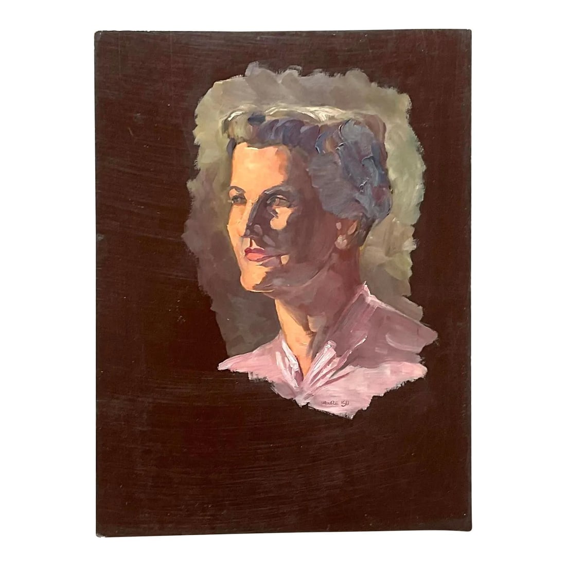 1950s Vintage Boho Signed Oil Portrait on Board: 1950s Vintage Boho Signed Oil Portrait on Board Presenting a stunning vintage Boho original oil portrait on board, created in the 1950s. This elegant artwork features a chic depiction of a beautiful w