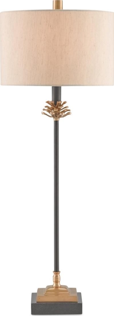Currey Pinegrove Brass Lamp with Beige Poplin Shade: Currey Pinegrove Brass Lamp with Beige Poplin Shade Illuminate your space with the Elegant Pinegrove Lamp, a stunning piece designed in an antique style. This lamp features a beautiful blend of materi