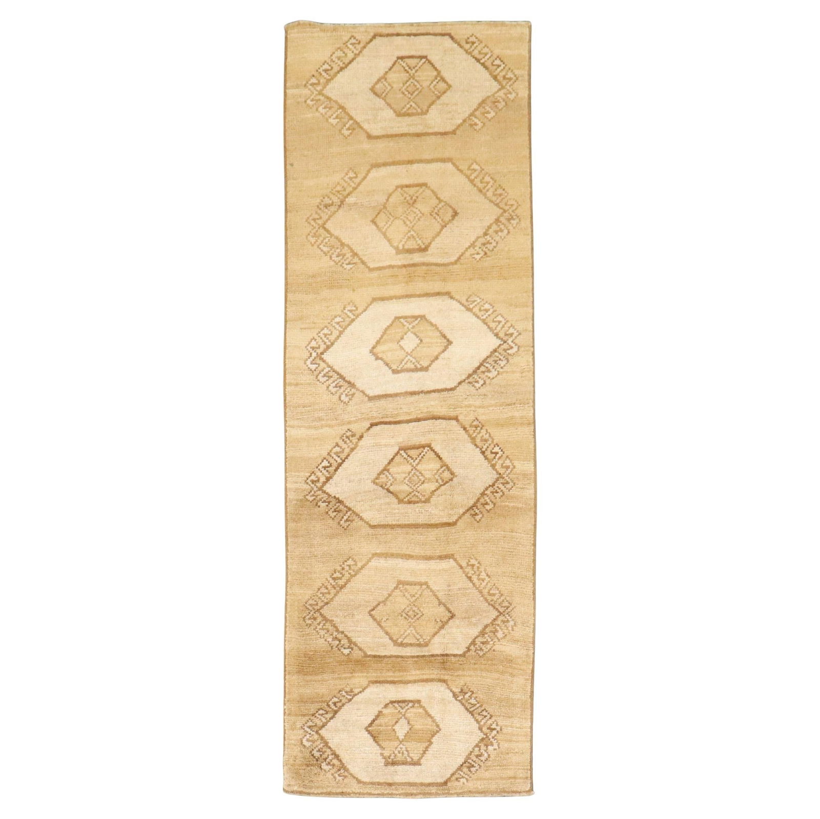 Mid 20th Century Zabihi Turkish Runner Geometric Tribal Wool 31x94: Mid 20th Century Zabihi Turkish Runner Geometric Tribal Wool 31x94 Introducing a stunning mid 20th century Turkish runner from the Zabihi Collection, showcasing a beautiful geometric tribal design. Ha