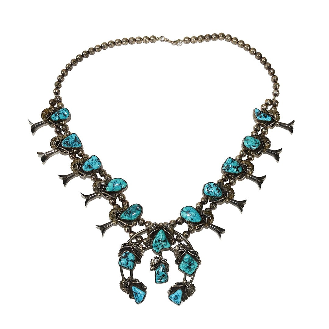Sterling Silver and Turquoise Y-Drop Squash Blossom Necklace 24 Inch (1 of 5)
