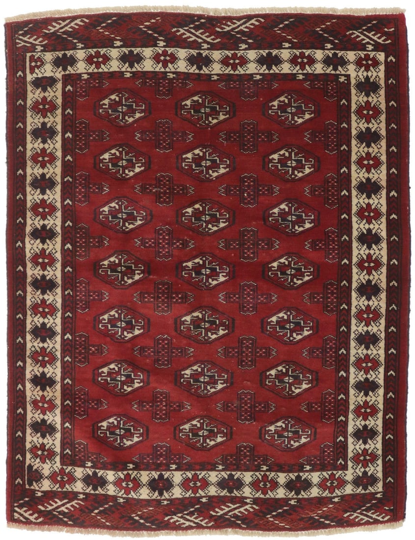 Hand-Knotted Wool Tribal Area Rug 3'8 x 4'9 Red Vintage Geometric Carpet: Hand-Knotted Wool Tribal Area Rug 3'8 x 4'9 Red Vintage Geometric Carpet This handmade semi-antique Oriental rug features a vintage tribal geometric pattern in shades of red, ivory, and charcoal. Expe