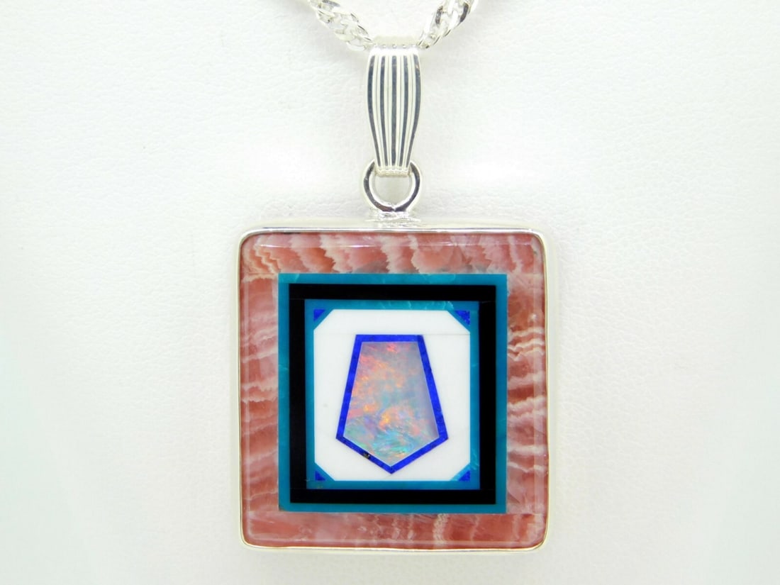 Jim Kaufmann Vintage Sterling Opal Rhodochrosite Inlay Pendant with Chain (1 of 10)