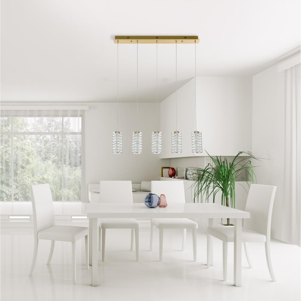 Aston Satin Gold Crystal Pendant Chandelier 5-Light LED Adjustable Height: Aston Satin Gold Crystal Pendant Chandelier 5-Light LED Adjustable Height Illuminate your space with this stunning Crystal Chandelier Pendant Light Fixture, designed to enhance modern interiors. This