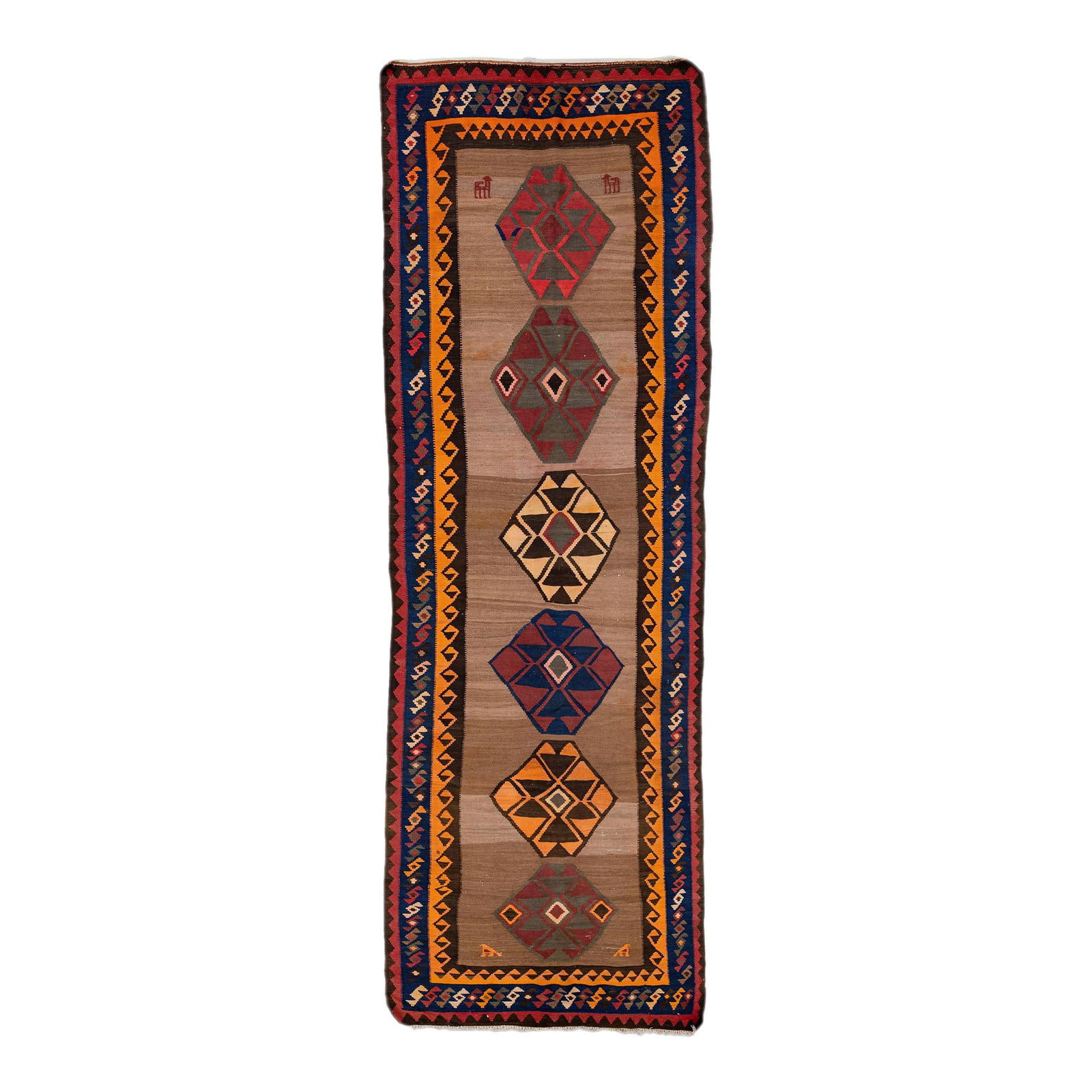 Vintage Turkish Kilim Wool Runner Brown Tribal Design 4'8 x 14'3 (1 of 8)