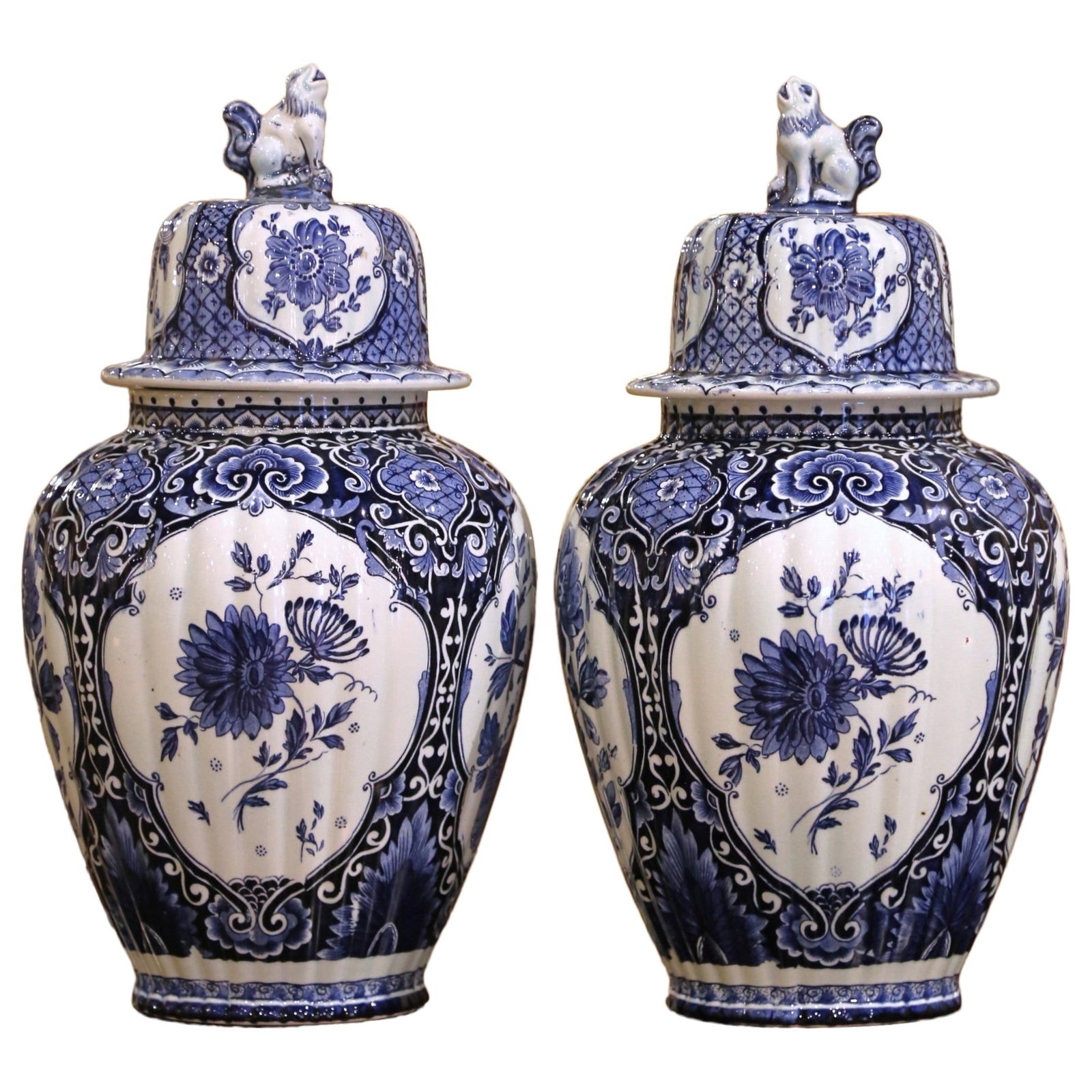 Set of 2 Royal Sphinx Delft Blue and White Ginger Jars with Foo Dog Lids (1 of 11)