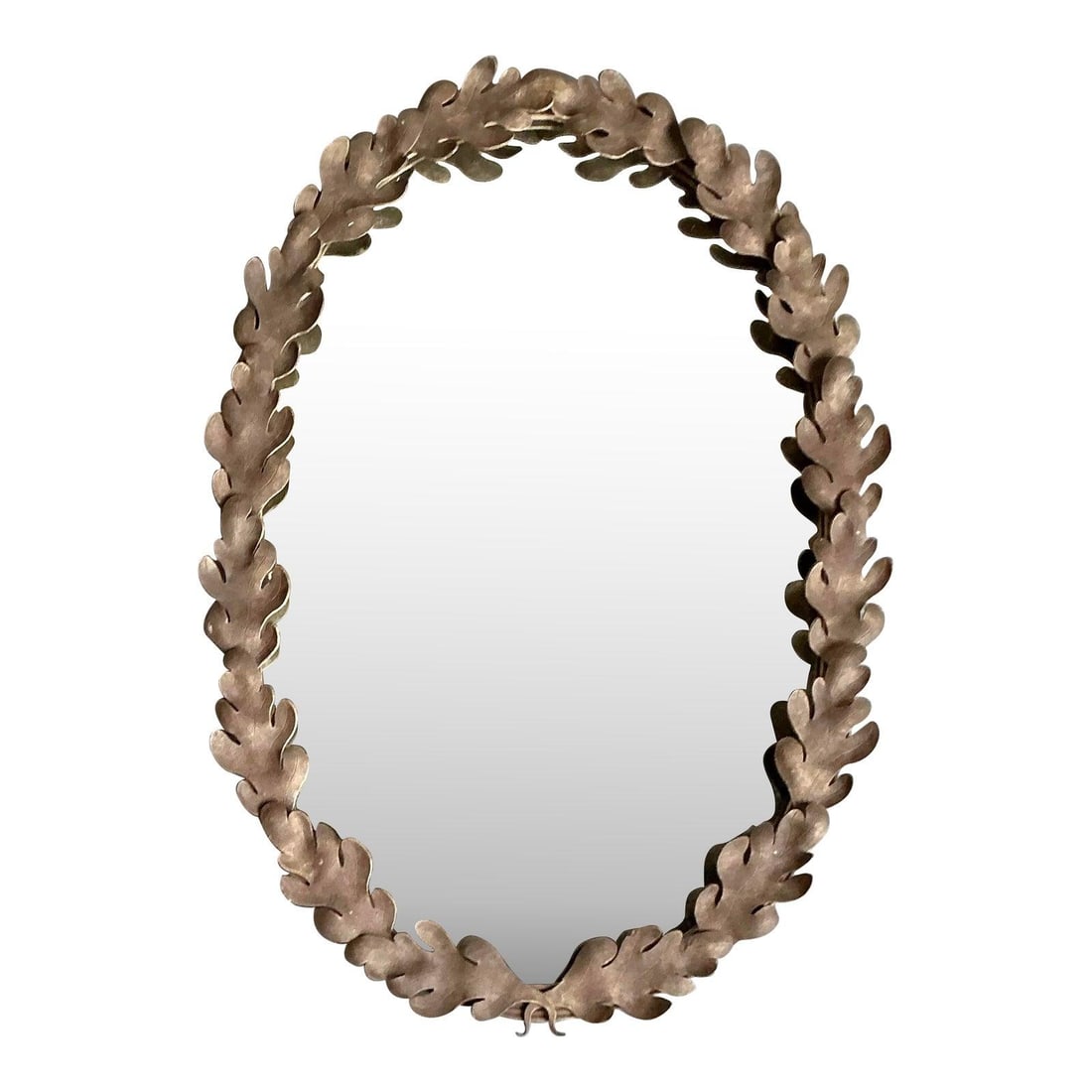 Oval Wall Mirror with Sculpted Oak Leaf Frame Bohemian Style: Oval Wall Mirror with Sculpted Oak Leaf Frame Bohemian Style This vintage oval mirror features an intricately sculpted oak leaf frame, likely crafted from gilded iron, with an antiqued glass surface.