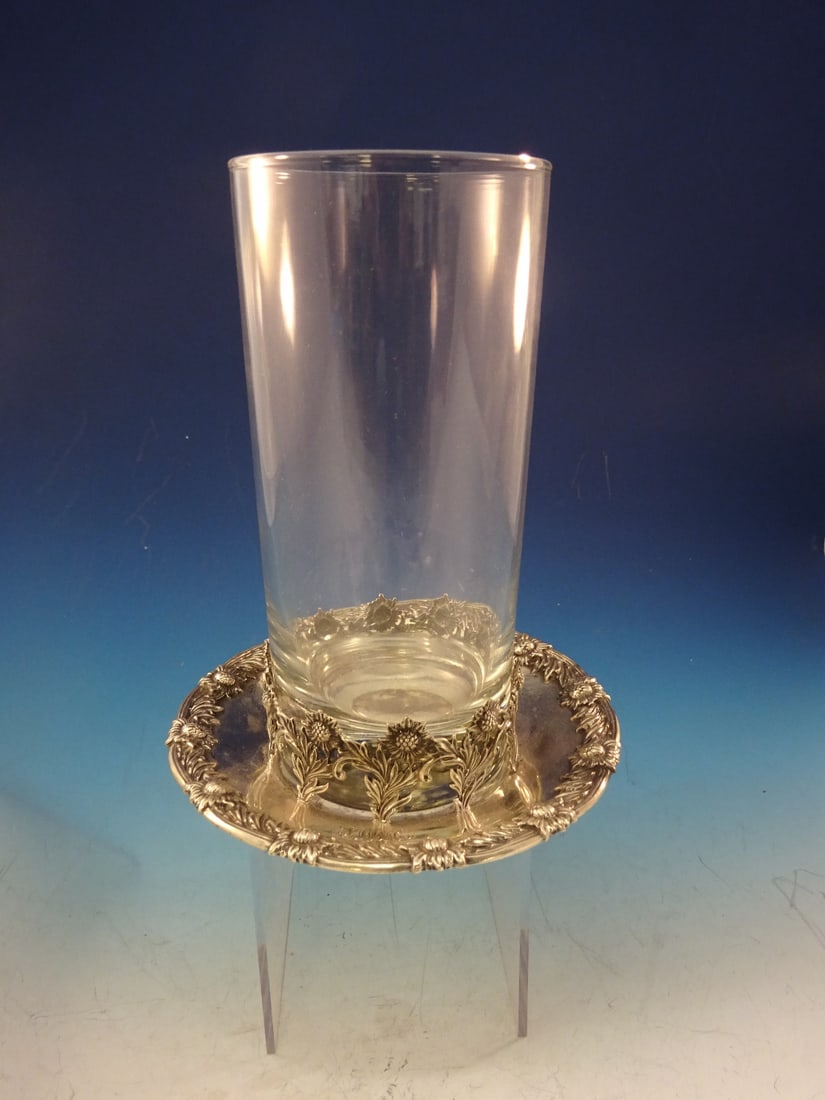 Tiffany & Co. Chrysanthemum Sterling Silver Beverage Holder with Coaster: Tiffany & Co. Chrysanthemum Sterling Silver Beverage Holder with Coaster This exquisite Sterling Silver Beverage Holder and Coaster by Tiffany & Co. features the elegant Chrysanthemum pattern, designe