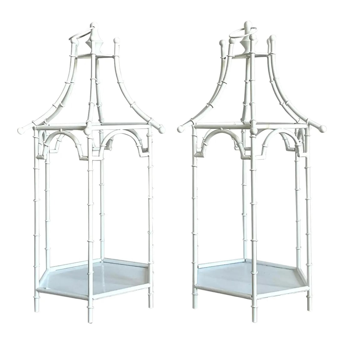 Pair of White Metal Pagoda Bamboo Style Candle Lanterns Chinoiserie Regency Set of 2: Pair of White Metal Pagoda Bamboo Style Candle Lanterns Chinoiserie Regency Set of 2 This pair of vintage lanterns features an elegant design inspired by Chinoiserie and Hollywood Regency styles. Each