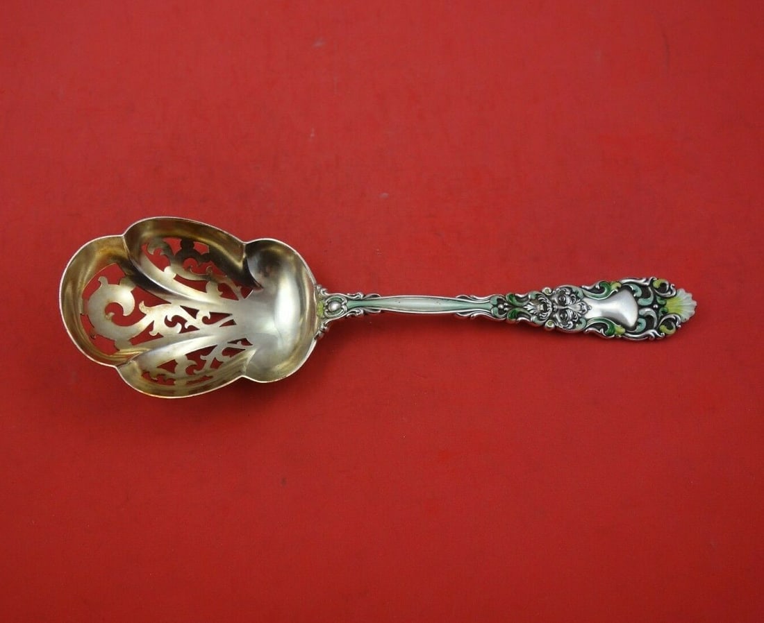 Dominick & Haff Renaissance Sterling Silver Ice Spoon with Enamel 8 7/8": Dominick & Haff Renaissance Sterling Silver Ice Spoon with Enamel 8 7/8" Discover a stunning Renaissance ice spoon crafted by Dominick & Haff, featuring exquisite gold wash detailing and vibrant ename