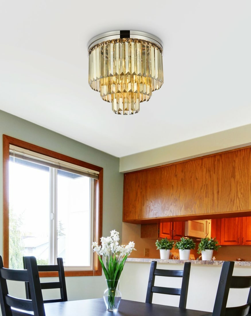 Sydney Collection 9-Light Crystal Flush Mount Chandelier Polished Nickel 20 Inch: Sydney Collection 9-Light Crystal Flush Mount Chandelier Polished Nickel 20 Inch This contemporary flush mount chandelier features a polished nickel frame adorned with golden teak royal cut crystals.
