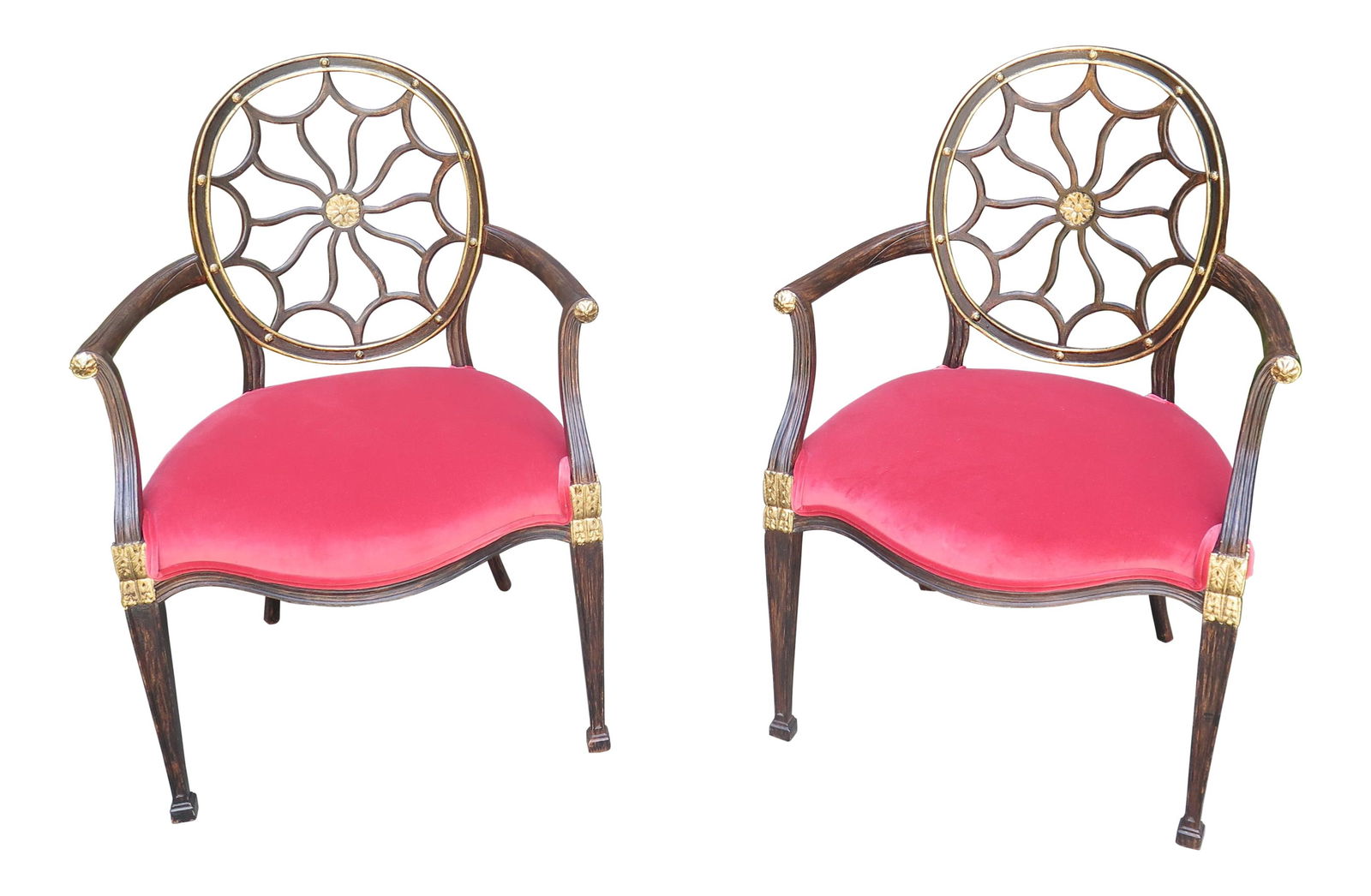 Elegant Pair of Modern Adam Style Red Arm Chairs with Gold Accents: Elegant Pair of Modern Adam Style Red Arm Chairs with Gold Accents This exquisite pair of Modern Adam Style web back armchairs showcases high-quality construction and a striking custom crackle paint d