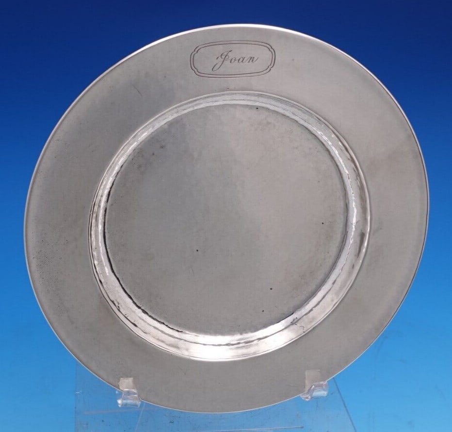 McChesney Co Sterling Silver Hand Hammered Child's Plate #W19R6 Monogrammed Joan: McChesney Co Sterling Silver Hand Hammered Child's Plate #W19R6 Monogrammed Joan This charming child's plate by McChesney Co is crafted from high-quality sterling silver and features a hand-hammered f