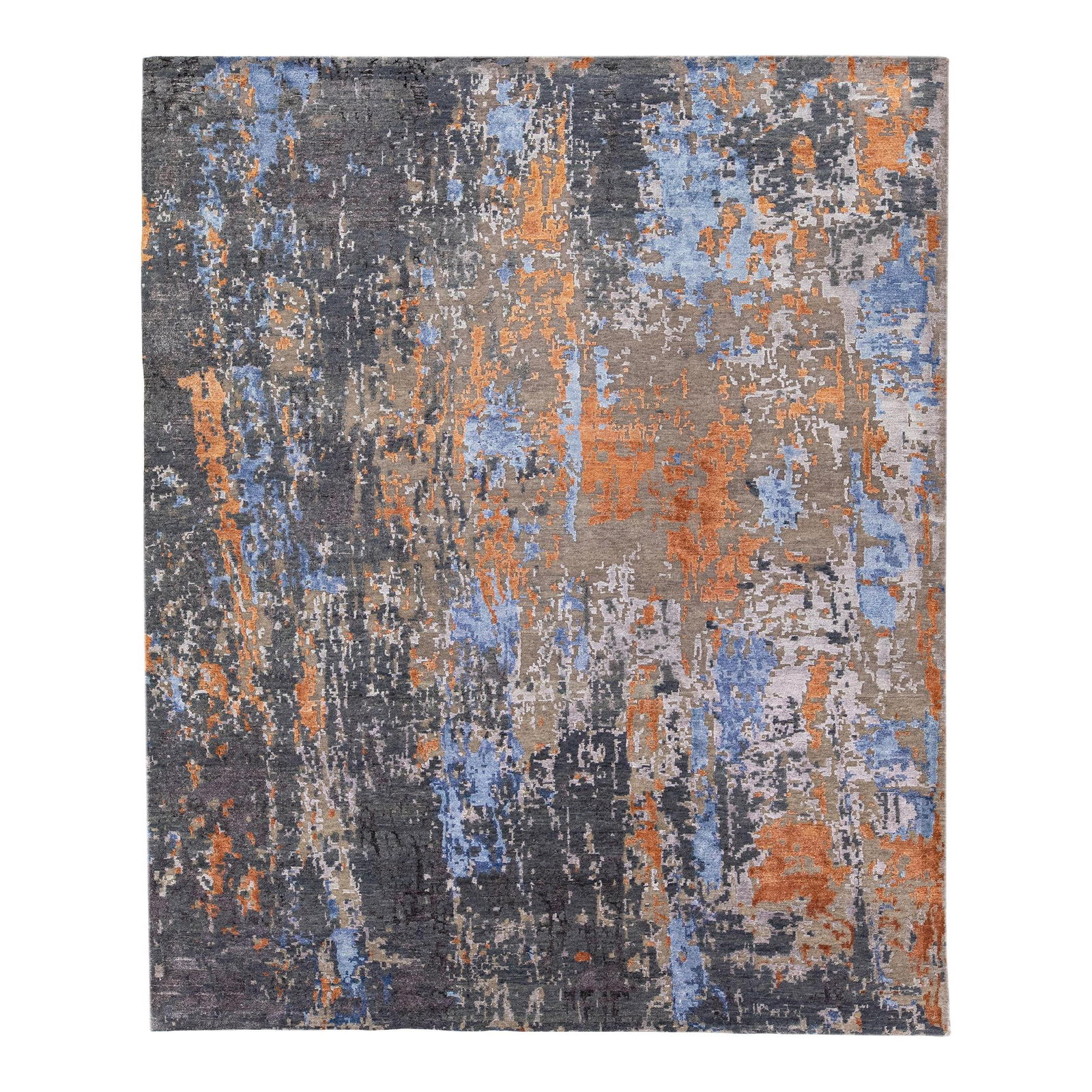 Handmade Abstract Gray Orange Wool Silk Rug 8' x 10': Handmade Abstract Gray Orange Wool Silk Rug 8' x 10' Discover this stunning modern rug, expertly handmade in India, featuring a unique abstract design in gray with vibrant blue and orange accents. Cra
