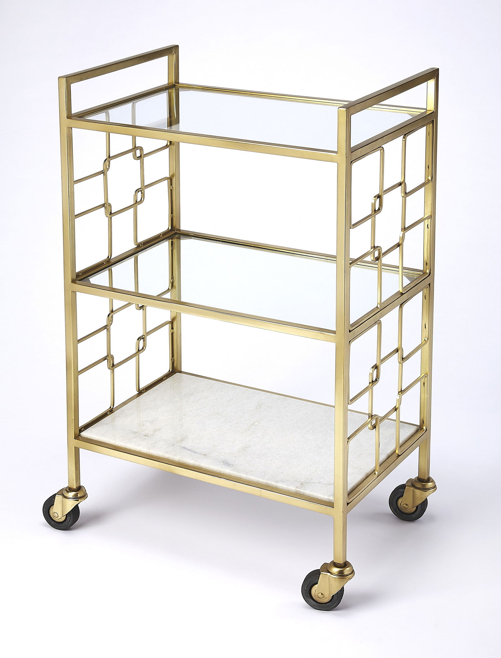 Butler Arcadia Gold Bar Cart with Glass and Stone Shelves: Butler Arcadia Gold Bar Cart with Glass and Stone Shelves Elevate your entertaining space with this sleek bar cart featuring a modern design that combines polished gold accents with glass and stone sh