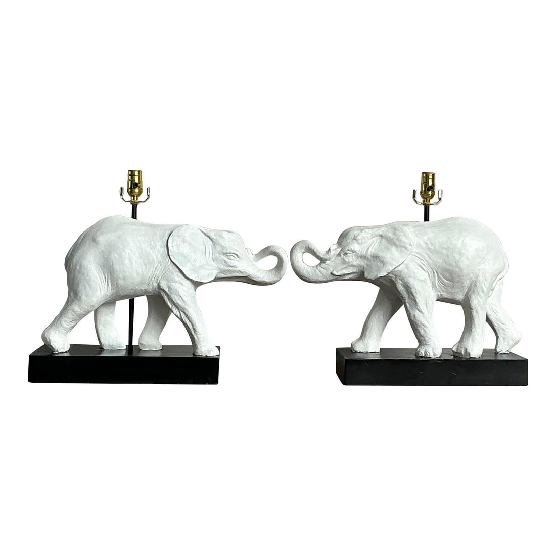 Pair of Hollywood Regency White Elephant Table Lamps with Black Base: Pair of Hollywood Regency White Elephant Table Lamps with Black Base This pair of vintage table lamps features beautifully sculpted elephants in a crisp matte white finish, each mounted on an ebonized