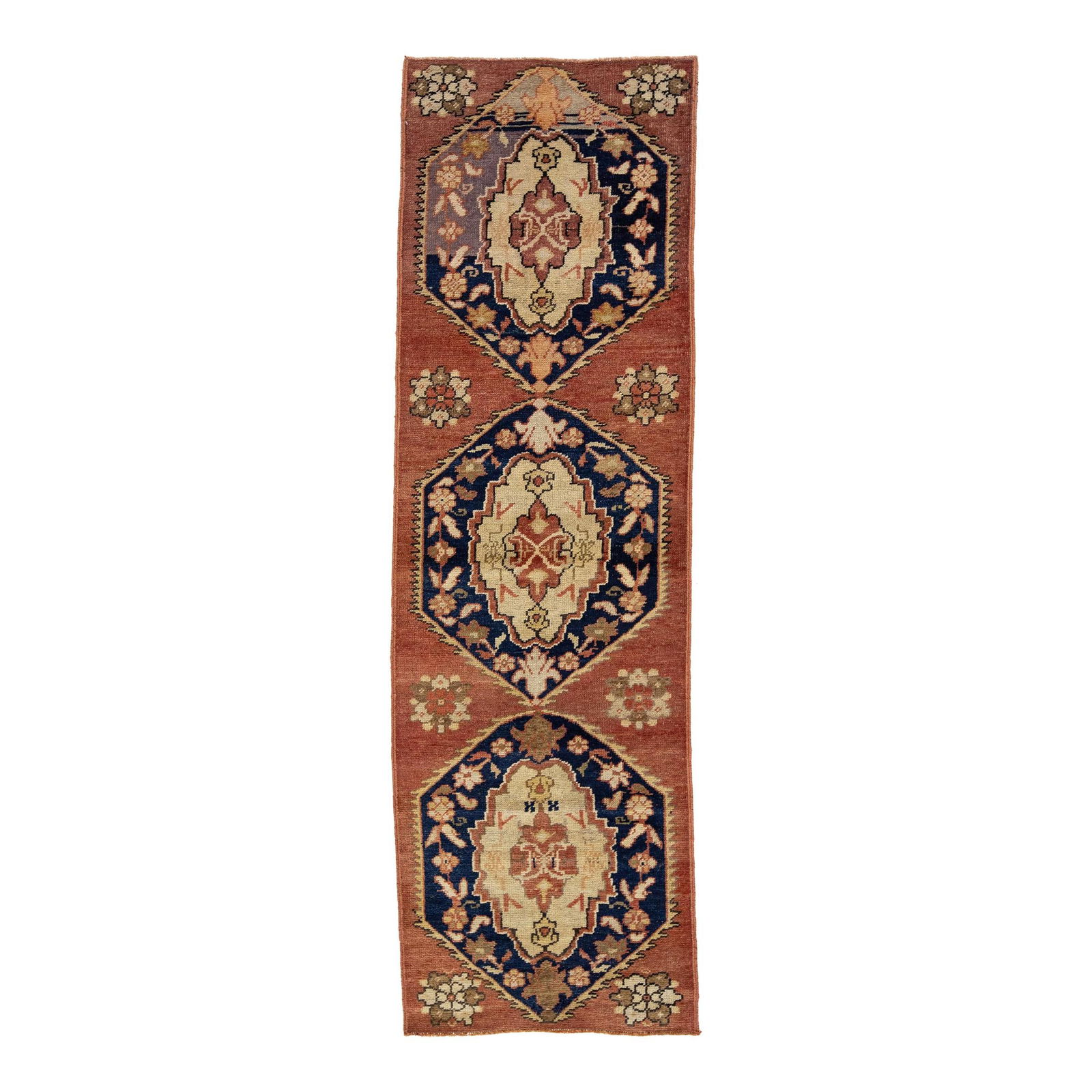 1940s Vintage Turkish Wool Runner Red-Rust Tribal Medallion 2'6 x 8': 1940s Vintage Turkish Wool Runner Red-Rust Tribal Medallion 2'6 x 8' Enhance your space with this stunning vintage Turkish runner, showcasing a vibrant red-rust field adorned with a traditional tribal
