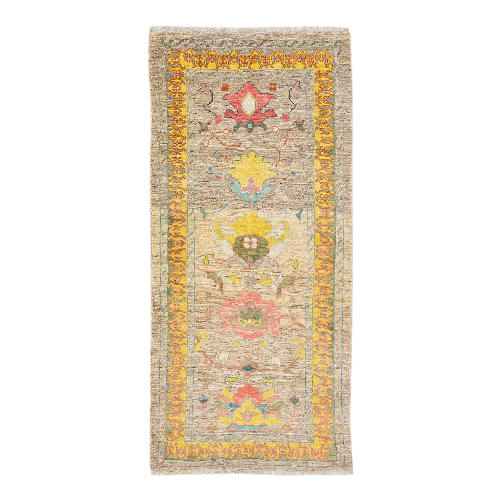 Modern Brown Oushak Floral Hand-Knotted Wool Runner 4'11" x 10'8": Modern Brown Oushak Floral Hand-Knotted Wool Runner 4'11" x 10'8" Enhance your space with this exquisite Brown Modern Oushak Floral Handmade Wool Runner. This stunning hand-knotted wool rug features a