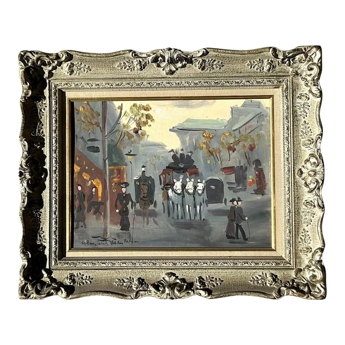 Vintage MCM French Cityscape Oil Painting on Board 23 x 19: Vintage MCM French Cityscape Oil Painting on Board 23 x 19 This original vintage Mid-Century Modern (MCM) oil painting on board features a captivating French cityscape, showcasing the charm and vibran