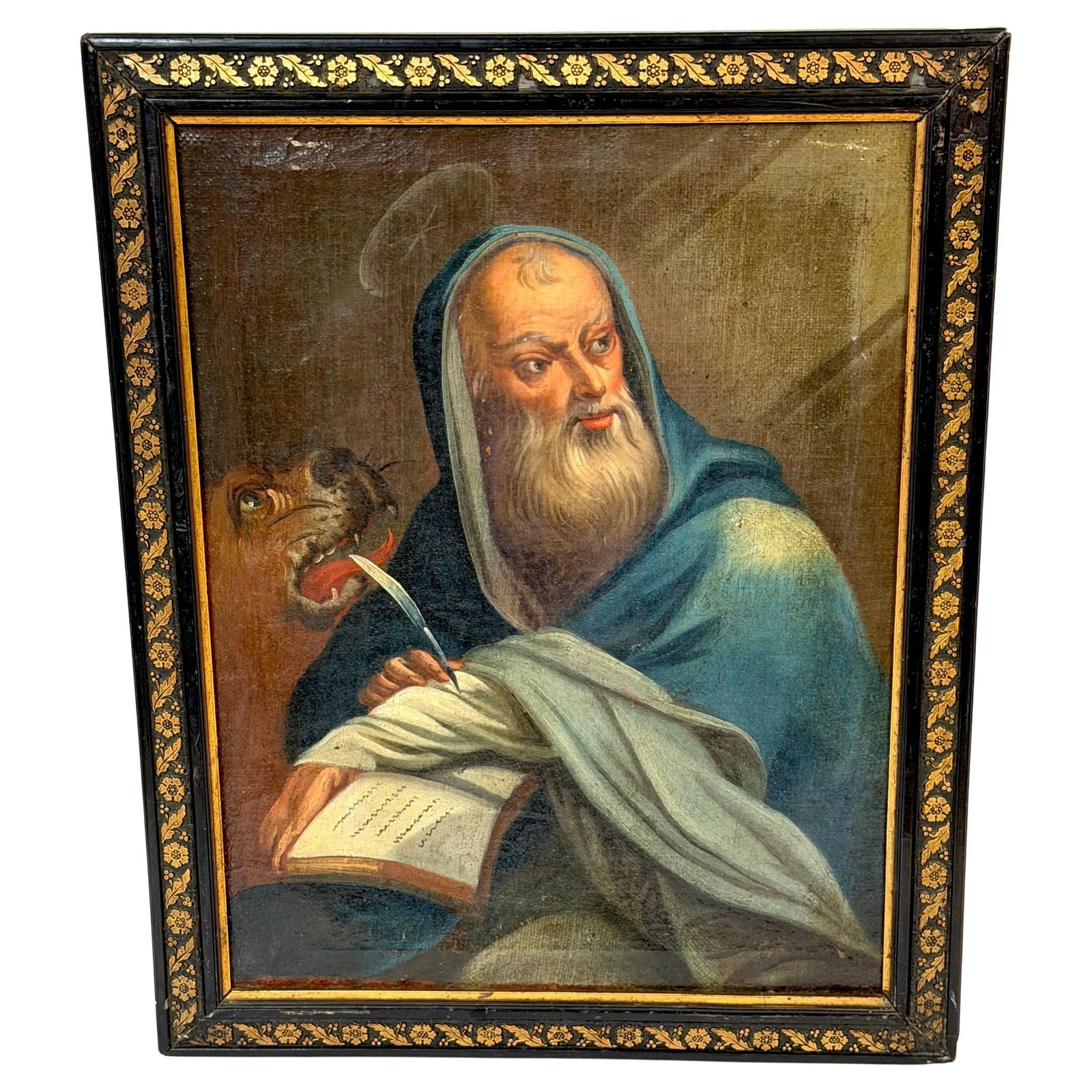 Baroque Italian Oil Painting Depicting Saint Mark with Lion Late 17th to 18th Century: Baroque Italian Oil Painting Depicting Saint Mark with Lion Late 17th to 18th Century This Italian Old Master painting, created between 1680 and 1750, depicts Saint Mark the Evangelist with his tradit