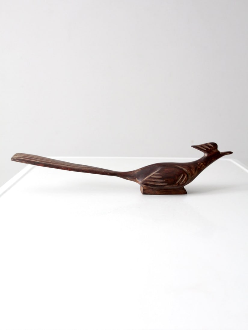 Vintage Mid-Century Ironwood Roadrunner Sculpture 18" Long: Vintage Mid-Century Ironwood Roadrunner Sculpture 18" Long This exquisite Mid-Century Hand-Carved Ironwood Roadrunner sculpture showcases expert craftsmanship, capturing the essence of the bird in mot