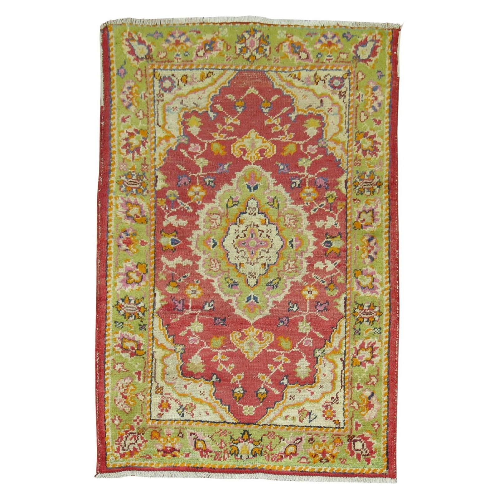 Vibrant Mid-Century Turkish Agra Hand-Knotted Wool Rug 34 x 49: Vibrant Mid-Century Turkish Agra Hand-Knotted Wool Rug 34 x 49 This vibrant mid-20th century Turkish scatter rug features a colorful palette of red and green, showcasing the traditional Agra style. Ex
