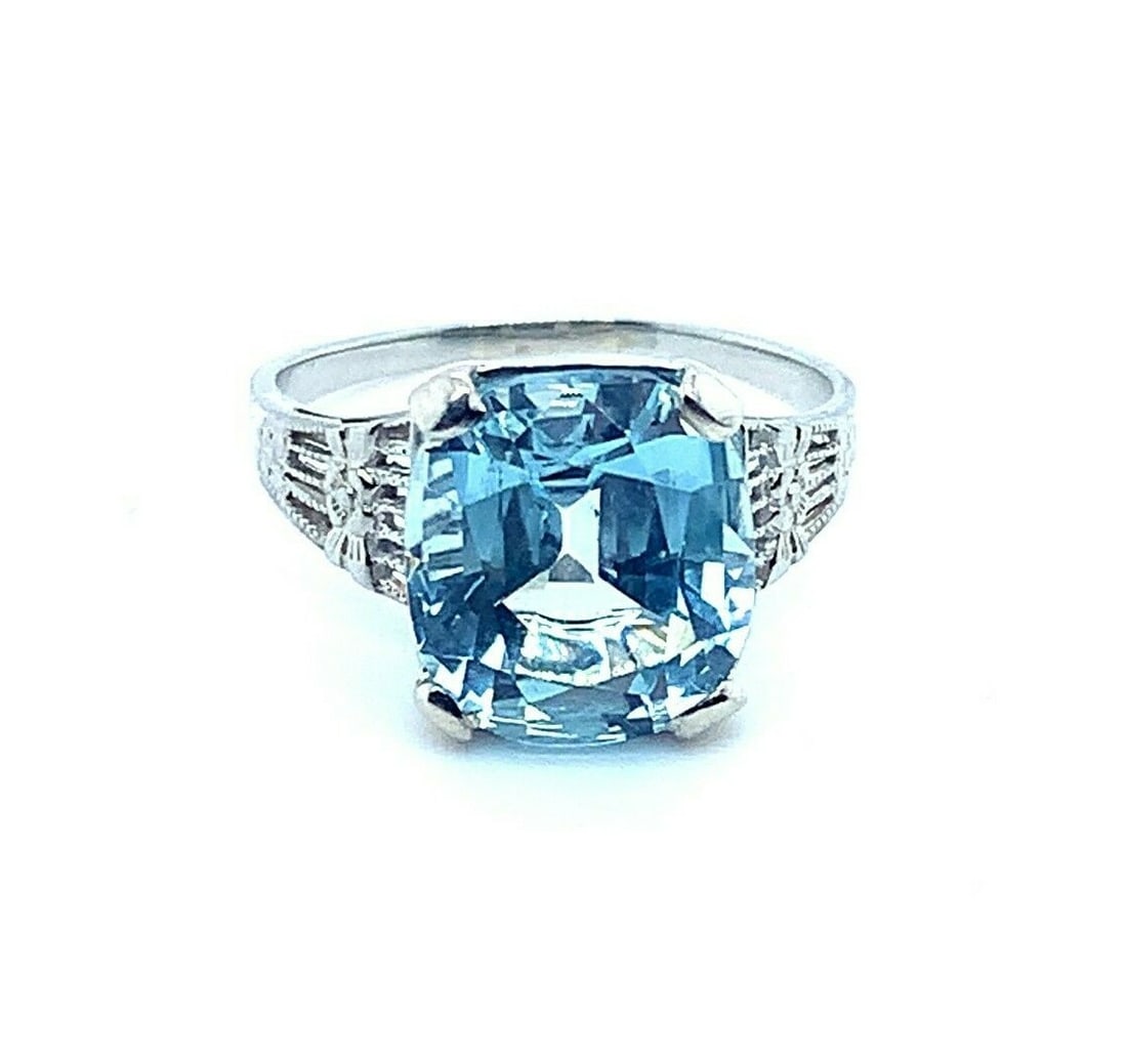 14k White Gold Art Deco 3.43ct Antique Cushion Cut Aquamarine Ring (1 of 9)
