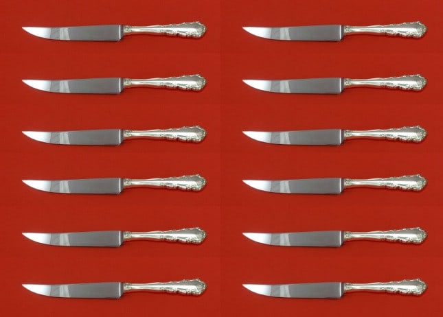 Wallace Shenandoah Sterling Silver Steak Knife Set of 12 8 1/2": Wallace Shenandoah Sterling Silver Steak Knife Set of 12 8 1/2" This exquisite set of 12 steak knives is crafted from sterling silver in the elegant Shenandoah pattern by Wallace. Each knife features