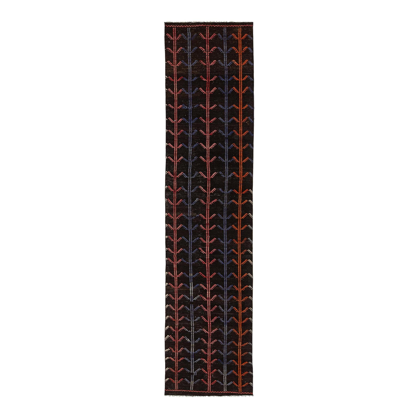 Vintage Turkish Wool Kilim Rug Dark Brown Geometric Design 2'10 x 11'11: Vintage Turkish Wool Kilim Rug Dark Brown Geometric Design 2'10 x 11'11 This vintage Turkish kilim rug features an eye-catching all-over geometric design adorned with vibrant multi-colored accents aga