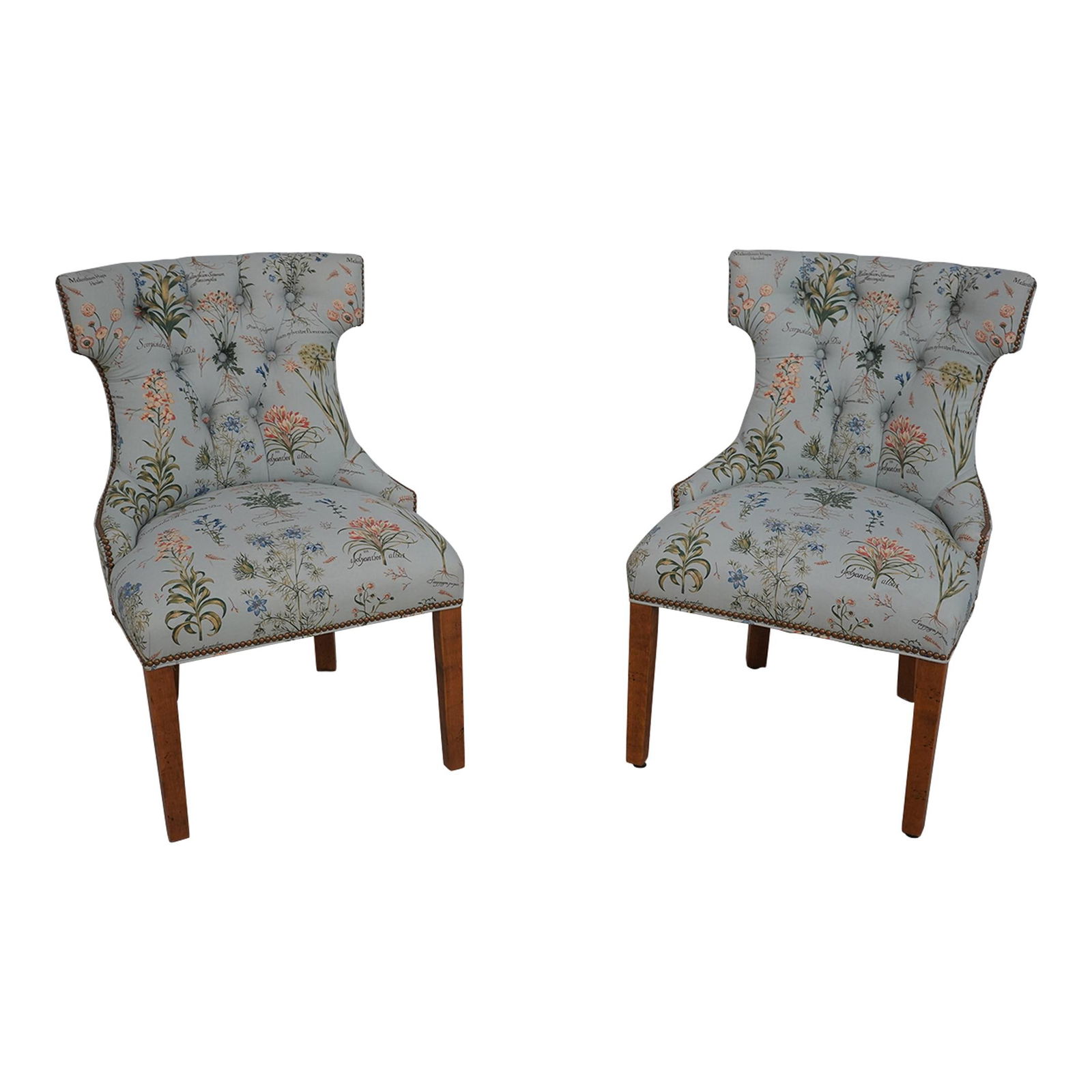 Charming Pair of Upholstered Side Chairs with Plant Print and Tack Trim (1 of 10)