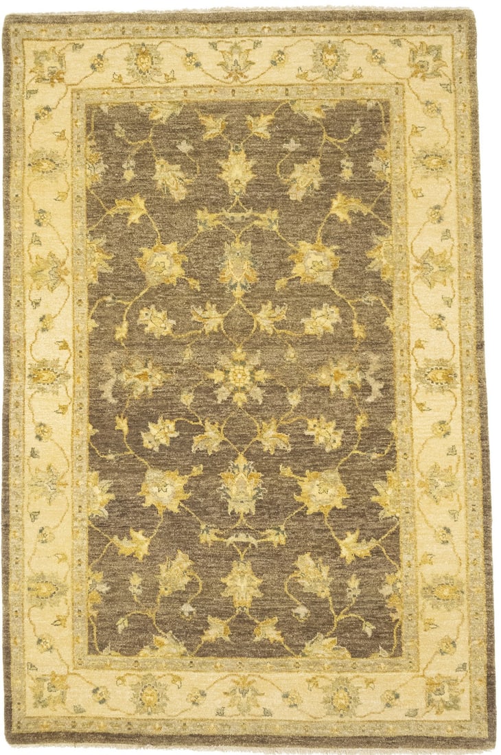 4x6 Peshawar Floral Wool Area Rug Hand-Knotted Central Asian Carpet: 4x6 Peshawar Floral Wool Area Rug Hand-Knotted Central Asian Carpet This hand-knotted Peshawar oriental rug features a floral design in muted colors, including dark brown, cream, gold, green, and taup