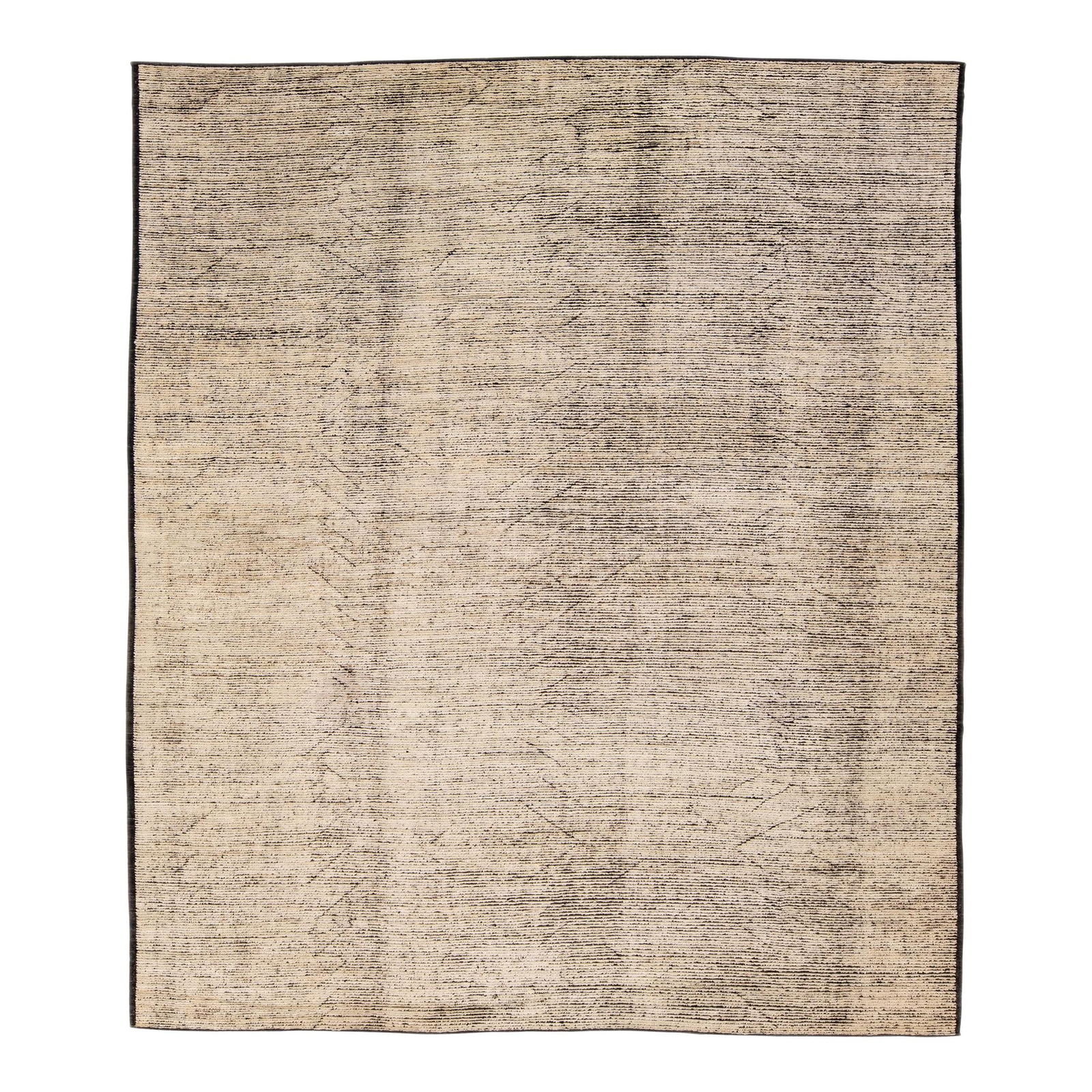 Handmade Moroccan Wool Rug 12'8 x 15' Tribal Design Brown Accents: Handmade Moroccan Wool Rug 12'8 x 15' Tribal Design Brown Accents Enhance your living space with this stunning Modern Moroccan Style Handmade Wool Rug. Featuring a captivating beige field adorned with