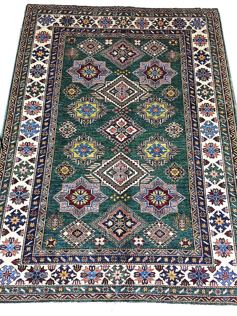 5.9 x 7.8 Green Super Kazak Area Rug Hand-Knotted Wool: 5.9 x 7.8 Green Super Kazak Area Rug Hand-Knotted Wool Free continental US Shipping Elevate your living space with the stunning 5.9 x 7.8 Green Super Kazak Rug, meticulously crafted from finer silky w