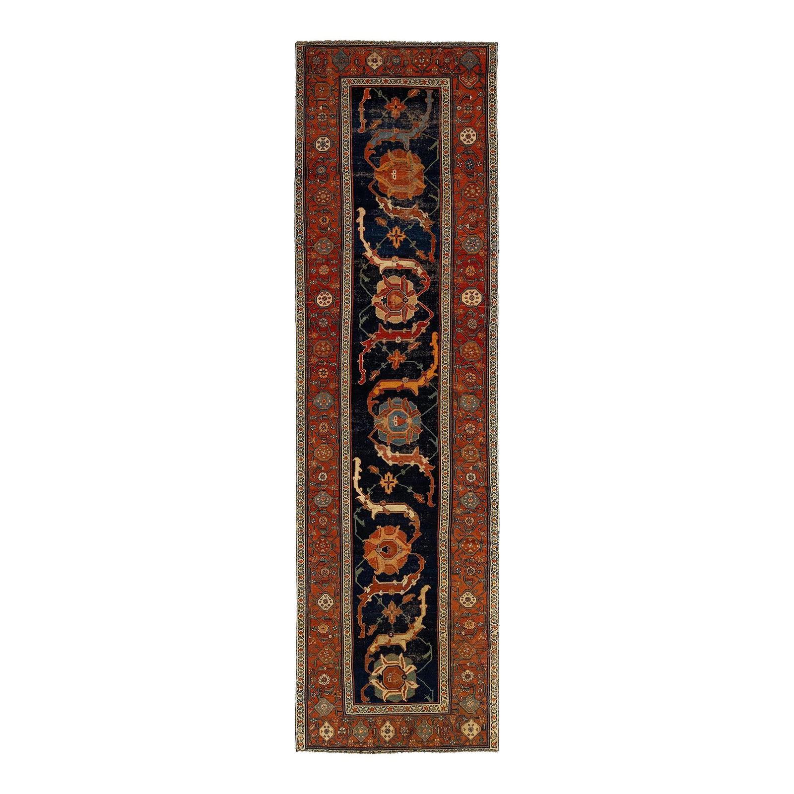 Antique Persian Malayer Wool Runner Navy Blue Rust Floral Motif 4'6 x 15'10: Antique Persian Malayer Wool Runner Navy Blue Rust Floral Motif 4'6 x 15'10 This exquisite Persian Malayer wool runner showcases an antique charm with its stunning navy blue field and intricate floral