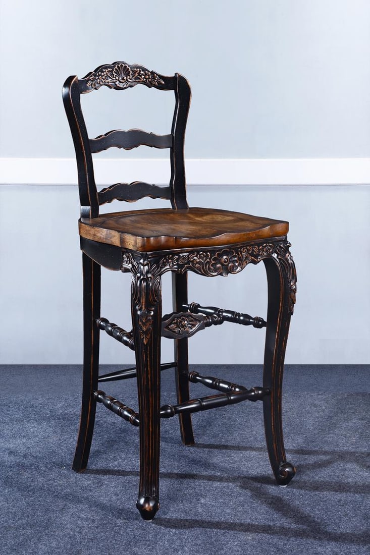 French Country Bar Stool Solid Wood Antiqued Blackwash Finish: French Country Bar Stool Solid Wood Antiqued Blackwash Finish Introducing the French Country Bar Stool, a stunning piece that blends antique charm with modern craftsmanship. This bar stool features a