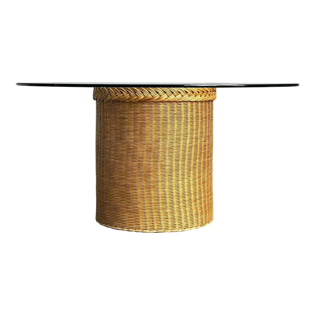 Handwoven Rattan Wicker Pedestal Dining Table With 54 Inch Round Glass Top: Handwoven Rattan Wicker Pedestal Dining Table With 54 Inch Round Glass Top This vintage dining table embodies the relaxed elegance of 1980s Coastal and Tropical design. Featuring a meticulously hand-w